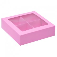 Коробка на 4 конфеты с окном розовая 12,6х12,6х3,5 см КУ-165