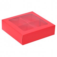 Коробка на 4 конфеты с окном красная 12,6х12,6х3,5 см 5 шт КУ-022